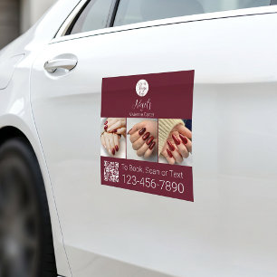 Burgundy White Logo QR Code Photo Nail Salon Car Magnet