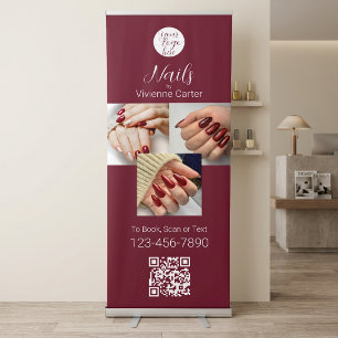 Burgundy White Logo QR Code Photo Nail Salon Retractable Banner