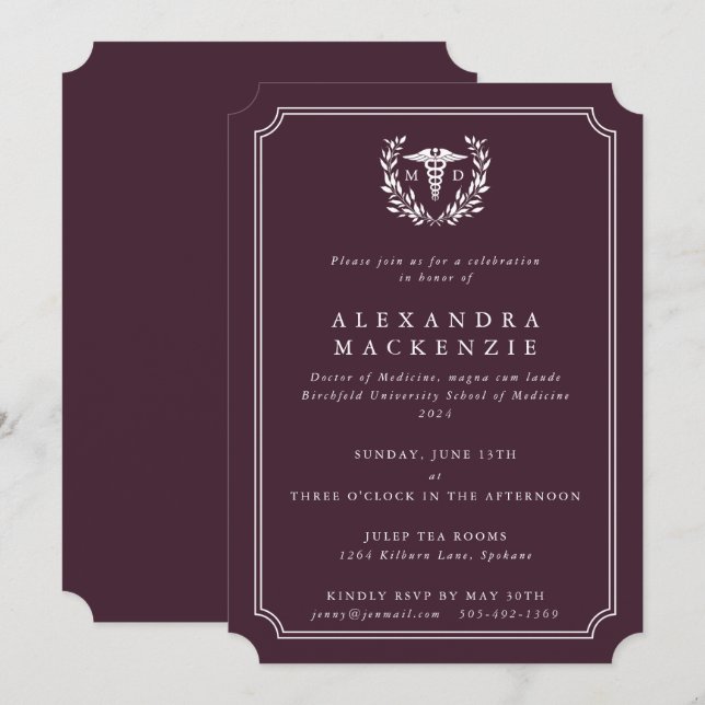 Burgundy/White MD Caduceus Doctor Graduation Invitation (Front/Back)