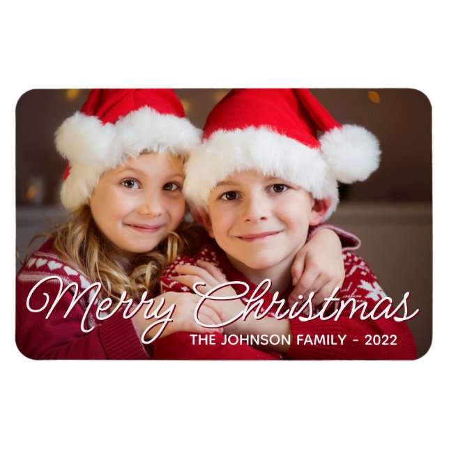Burgundy White Merry Christmas Script Family Photo Magnet (Horizontal)