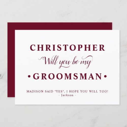 Burgundy White Minimalist Groomsman Proposal Card