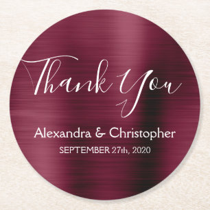 Burgundy & White Modern Wedding Thank You Round Paper Coaster