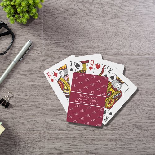 Burgundy white monogram couple initials wedding poker cards