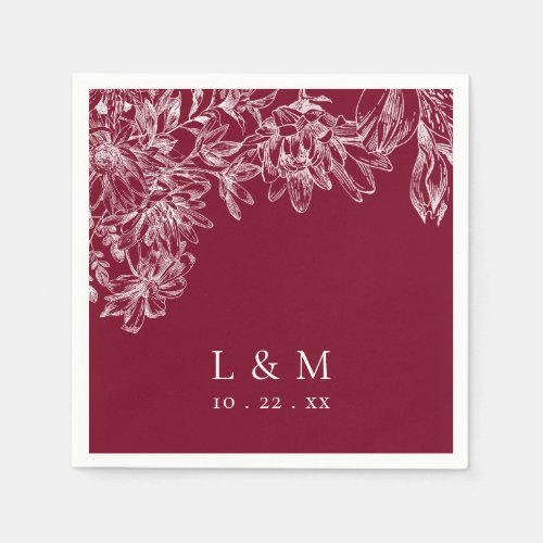 Burgundy White Monogram Floral Wedding Napkins