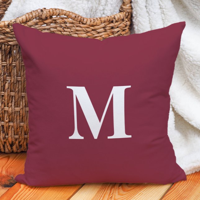 Burgundy White Monogram Initial Throw Pillow (Burgundy and white monogram decorator pillow)
