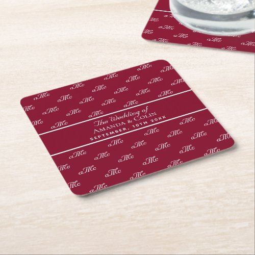 Burgundy white monogram initials elegant wedding square paper coaster