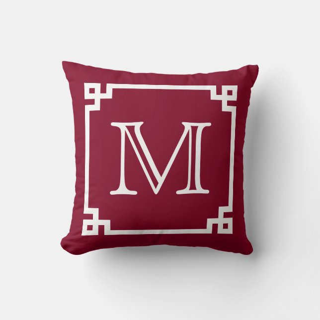 Burgundy White Monogram White Greek Key Throw Pillow (Front)