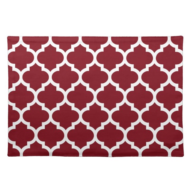 Burgundy White Moroccan Quatrefoil Pattern #5 Cloth Placemat (Front)