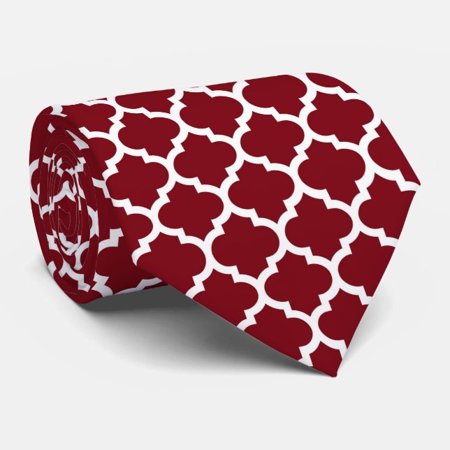 Burgundy White Moroccan Quatrefoil Pattern #5 Neck Tie (Rolled)