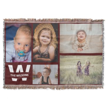 Burgundy  White Multiple Photos Custom Monogram Throw Blanket