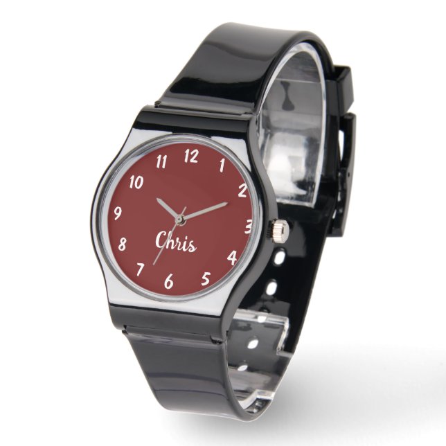 Burgundy White, Name, Casual Mens Black Band Wrist Watch (Angle)