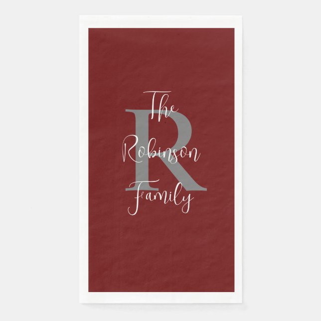 Burgundy White Name Monogram Paper Guest Towel (Front)