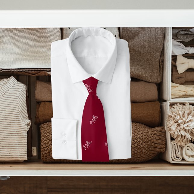 Burgundy white name pattern modern script neck tie (Creator Uploaded)