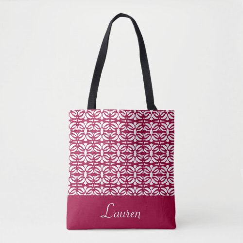 Burgundy  white oval geometric shape  your name tote bag