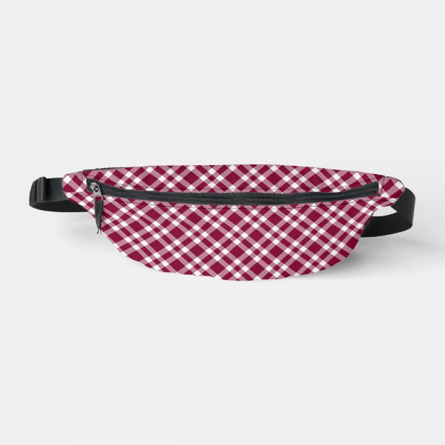 Burgundy White Plaid Pattern Fanny Pack (Front)