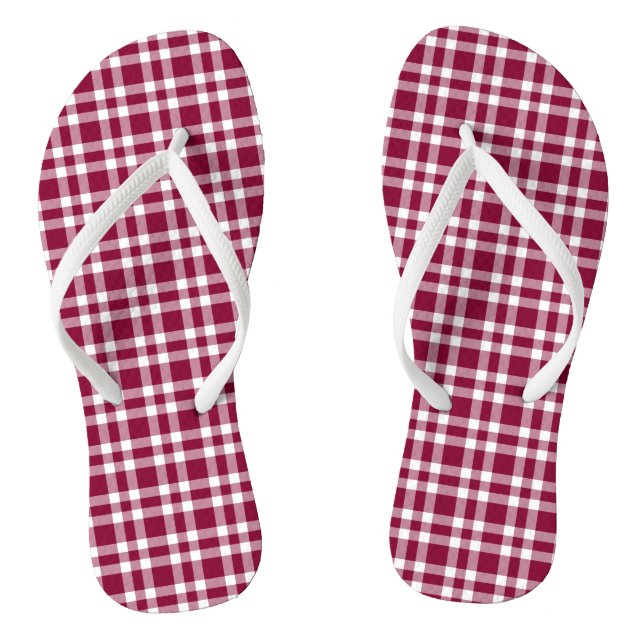 Burgundy White Plaid Pattern Flip Flops (Footbed)