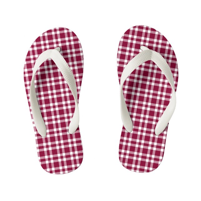Burgundy White Plaid Pattern Kid's Flip Flops (Footbed)