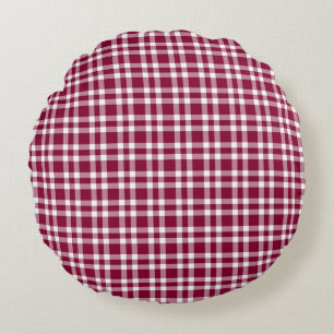 Burgundy White Plaid Pattern Round Pillow