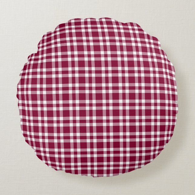 Burgundy White Plaid Pattern Round Pillow (Front)