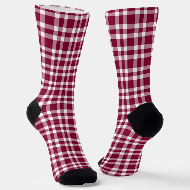 Burgundy White Plaid Pattern Socks (Angled)