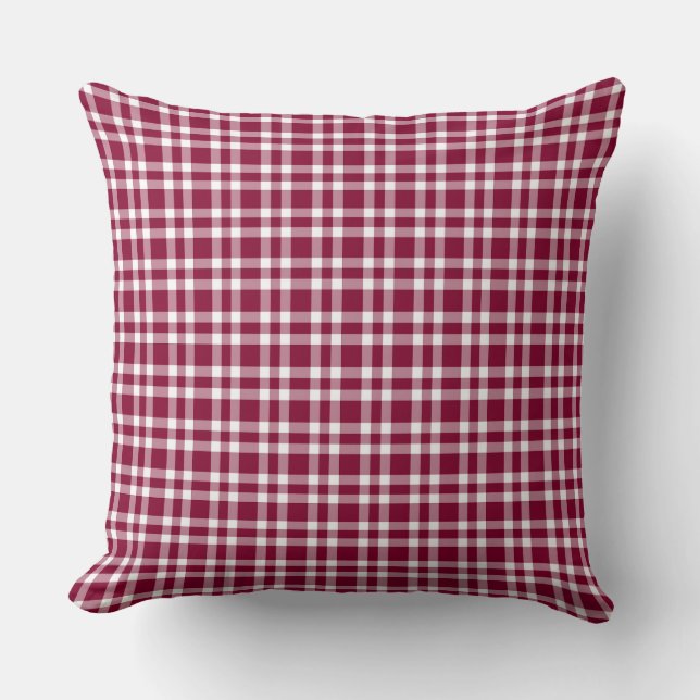 Burgundy White Plaid Pattern Throw Pillow (Front)