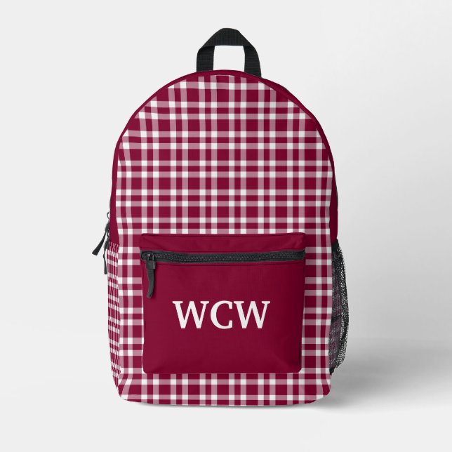 Burgundy White Plaid Personalize Pattern Printed Backpack (Front)
