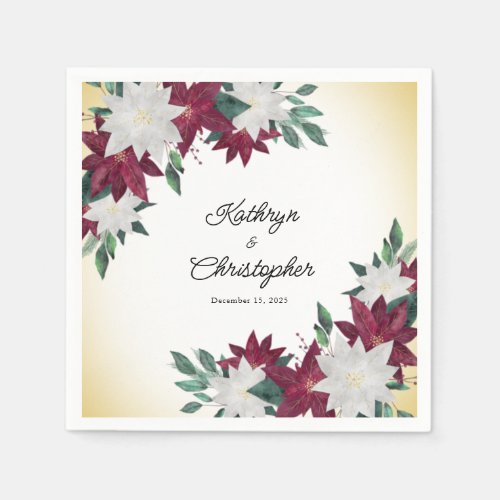 Burgundy  White Poinsettias Christmas Wedding Napkins