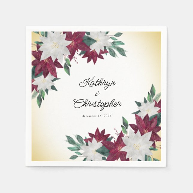 Burgundy & White Poinsettias Christmas Wedding Napkins (Front)