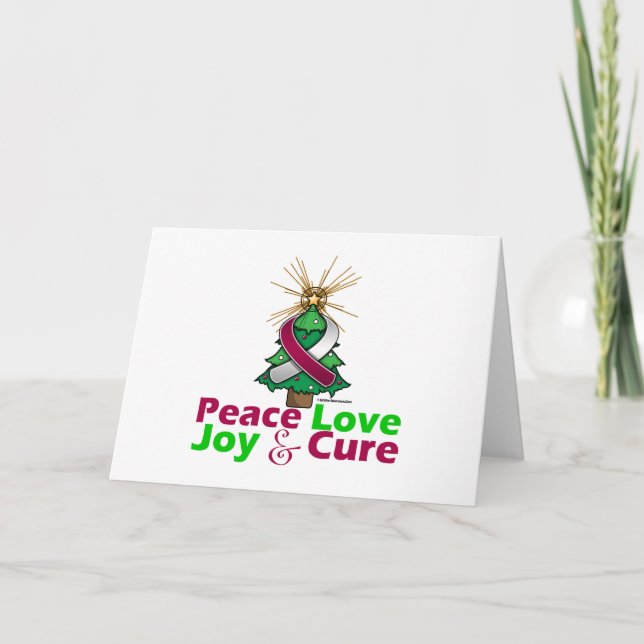 Burgundy & White Ribbon Christmas Peace Love, Joy Holiday Card (Front)