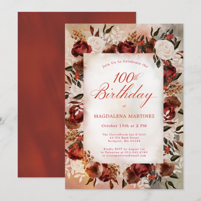 Burgundy White Rose Fall Floral 100th Birthday Invitation (Front/Back)
