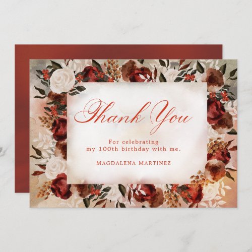 Burgundy White Rose Fall Floral 100th Birthday Thank You Card