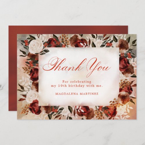 Burgundy White Rose Fall Floral 19th Birthday Thank You Card