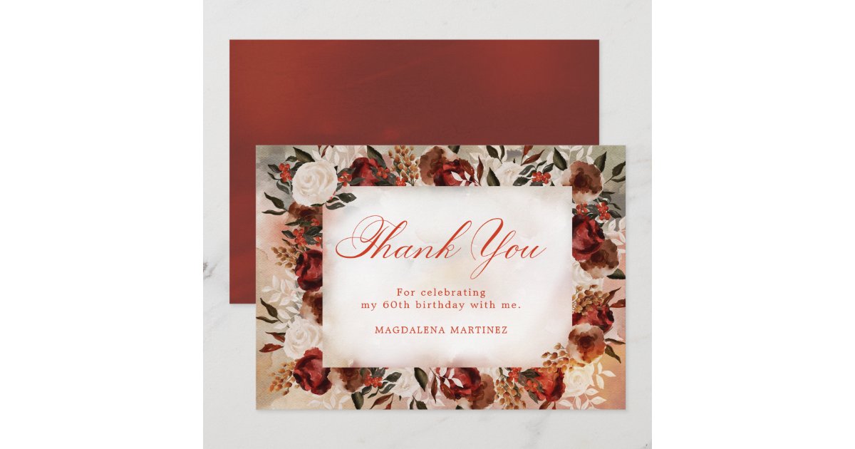 Burgundy White Rose Fall Floral 60th Birthday Thank You Card | Zazzle