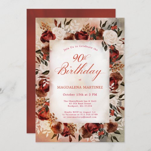 Burgundy White Rose Fall Floral 90th Birthday Invitation