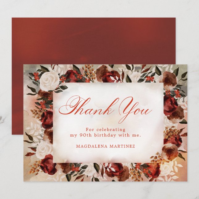 Burgundy White Rose Fall Floral 90th Birthday Thank You Card (Front/Back)