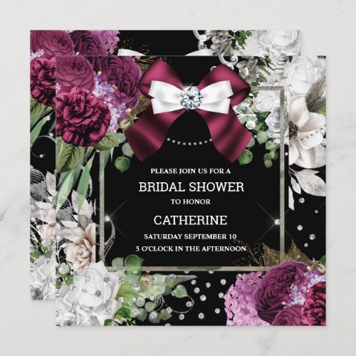 Burgundy white rose floral diamond bow chic invitation