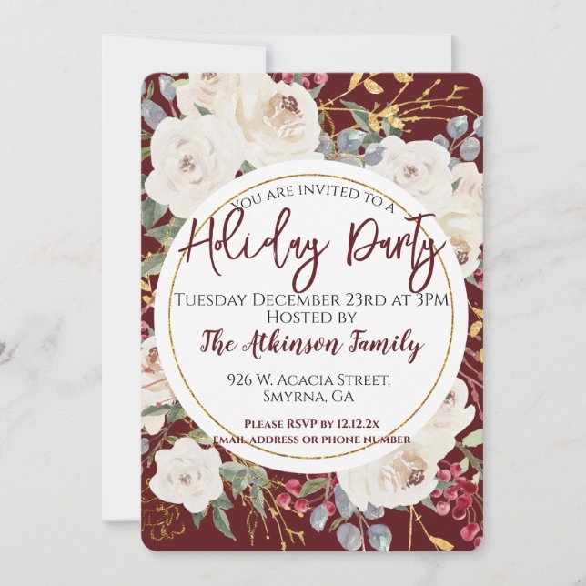 Burgundy White Rose Floral Holiday Party Invitation (Front)