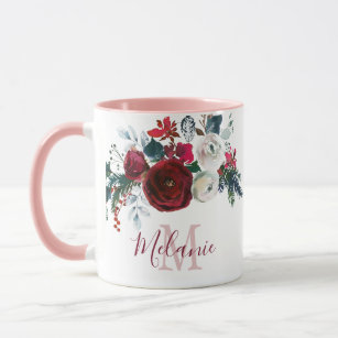 Burgundy White Rose Floral Pine Monogrammed Mug