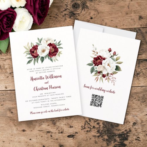 Burgundy White Roses Botanical Wedding Announcemen Invitation
