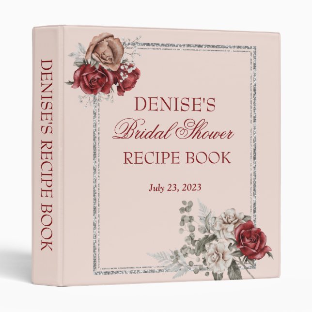 Burgundy & White Roses Bridal Shower Recipe   3 Ring Binder (Front/Spine)