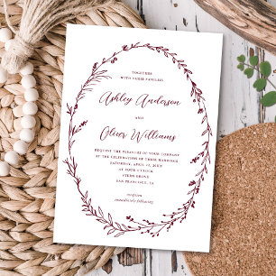 Burgundy + White Rustic Wildflower Wreath Wedding Invitation