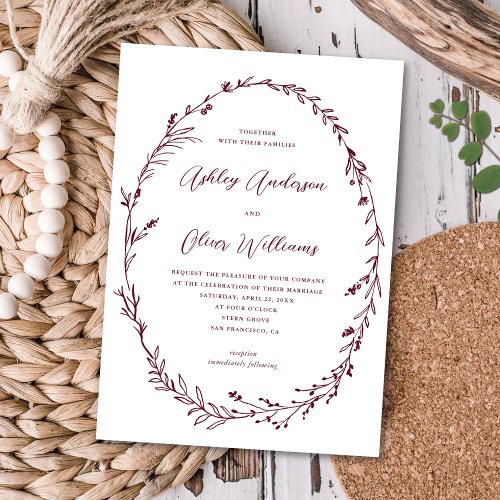 Burgundy  White Rustic Wildflower Wreath Wedding Invitation