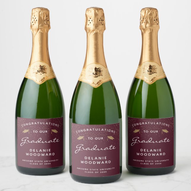 Burgundy White Script Gold Cap Graduation Sparkling Wine Label (Bottles)