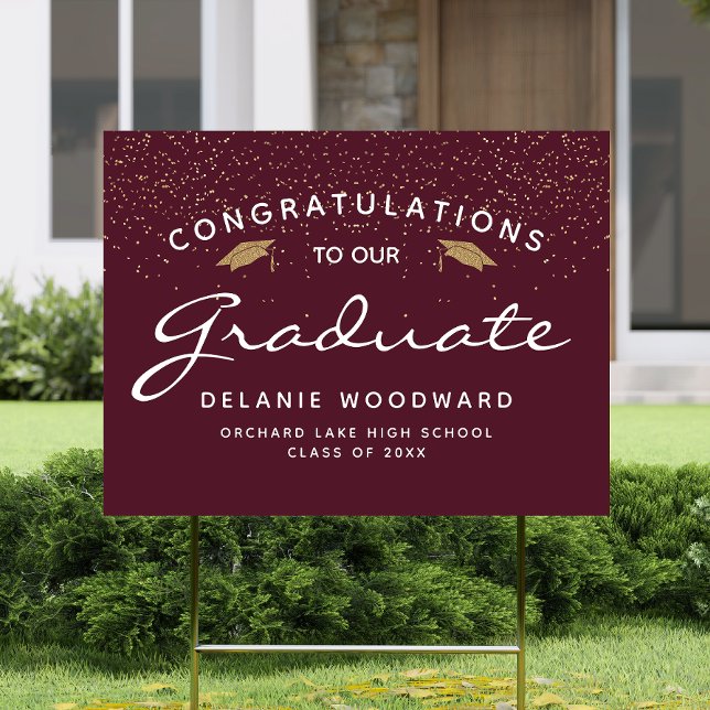Burgundy White Script Gold Cap Graduation Yard Sign (Creator Uploaded)