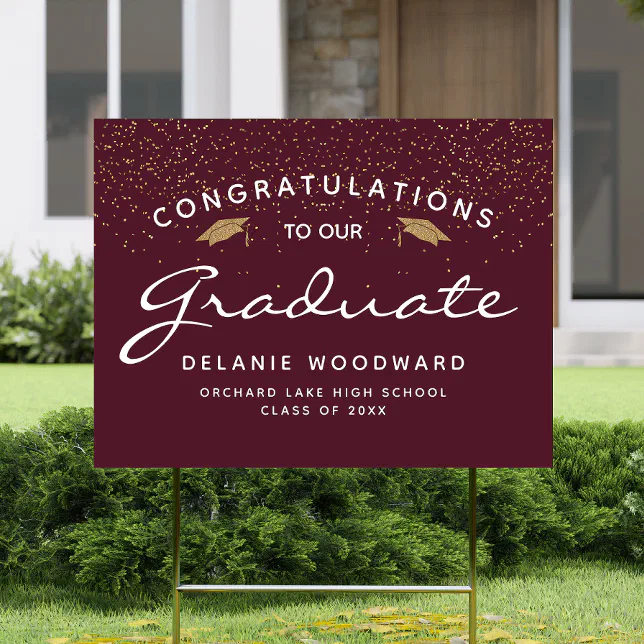 Burgundy White Script Gold Cap Graduation Yard Sign | Zazzle