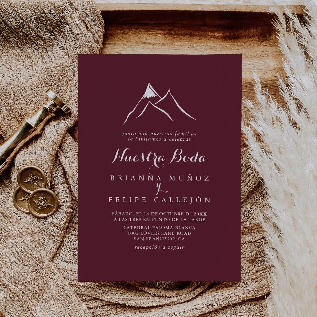 Burgundy White Silhouette Mountain Nuestra Boda  Invitation (Creator Uploaded)