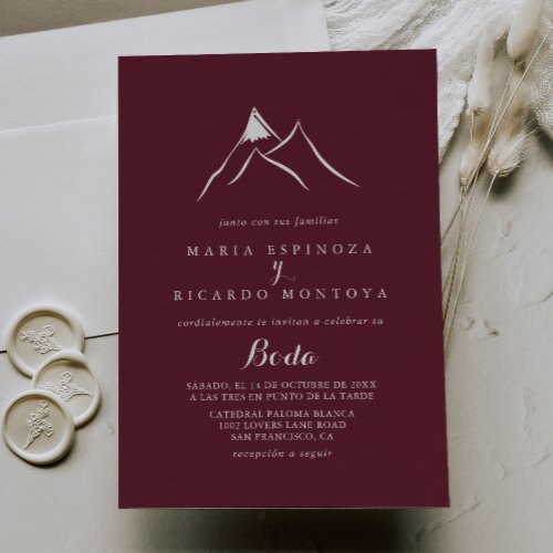 Burgundy White Silhouette Mountain Spanish Wedding Invitation