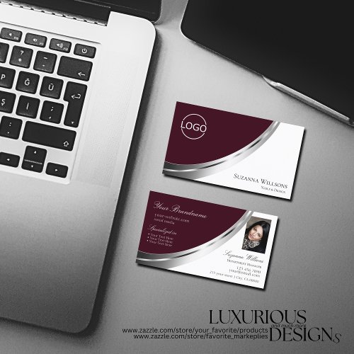 Burgundy White Silver Decor with Logo and Photo Business Card