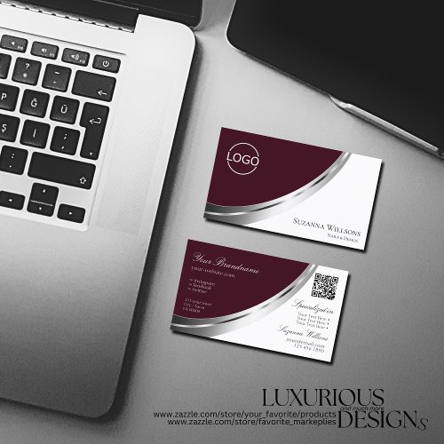 Burgundy White Silver Decor with Logo and QR_Code Business Card