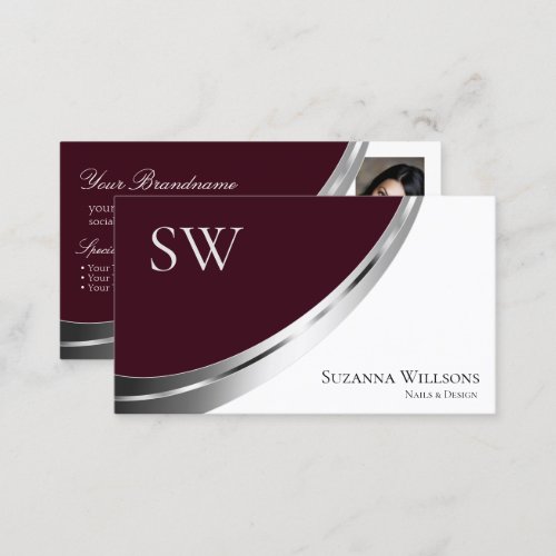 Burgundy White Silver Decor with Monogram  Photo Business Card
